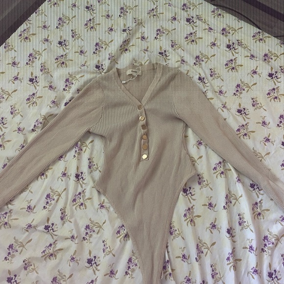 Beige Long Sleeve Ribbed Bodysuit - Picture 2 of 5